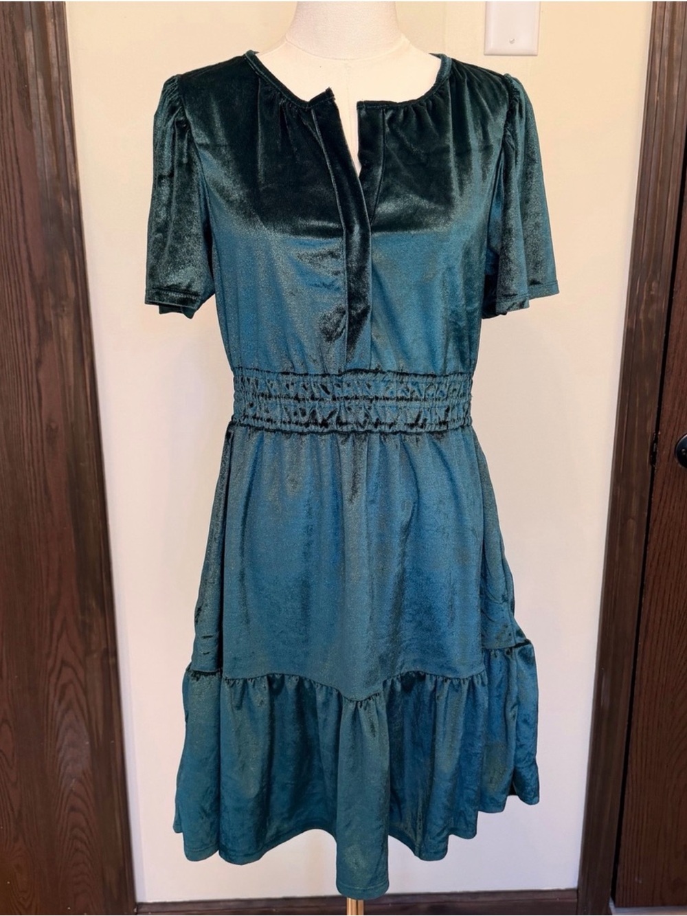 Women's Emerald Green Velvet Short Sleeve Dress